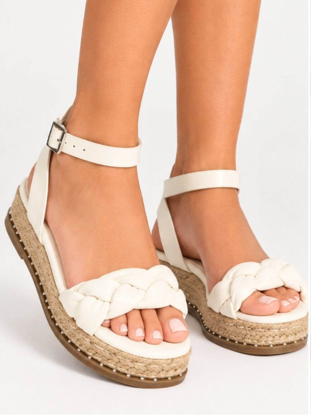 PrettyLittleThing White Braided Espadrille Platform Sandals Ankle Womens US 8